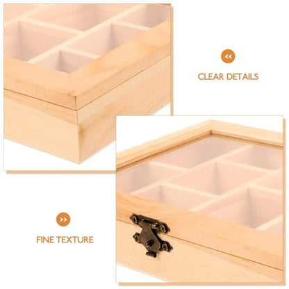 Alipis Rock Display Case Wood Blank Jewelry Organizer Box Tea Bag Organizer, Rock Collection Box 10 Grids Crystal Holder with Clear Lid