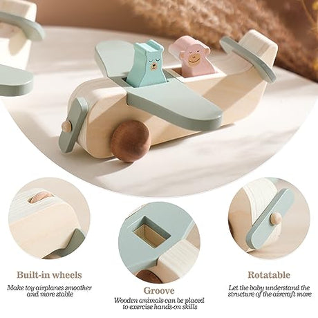ibwaae Wooden Airplane Toys, Air Transport Vehicles Play Set, Wooden Pull Games, STEM Learning Gift Montessori Toy for Baby Toddler Boys Girls ibwaae