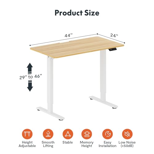 FitStand Adjustable Stand Up Desk with Whole Piece Desk Board, 44 x 24 Inch Electric Standing Desk Home Office Desk Computer Workstation Sit Stand