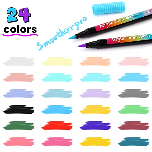 SMOOTHERPRO Acrylic Paint Pens Brush Tip 24 Colors 1-6mm for Rock Painting Water Based Acrylic Painting Supplies for Fabric Painting Wood Plastic - WoodArtSupply