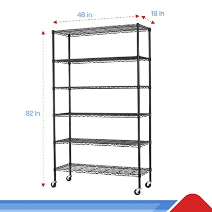 6 Tier Adjustable Metal Shelf Wire Shelving Unit Storage with Wheels 2100LBS Capacity 18" D x 48" W x 82" H for Restaurant Garage Pantry Kitchen