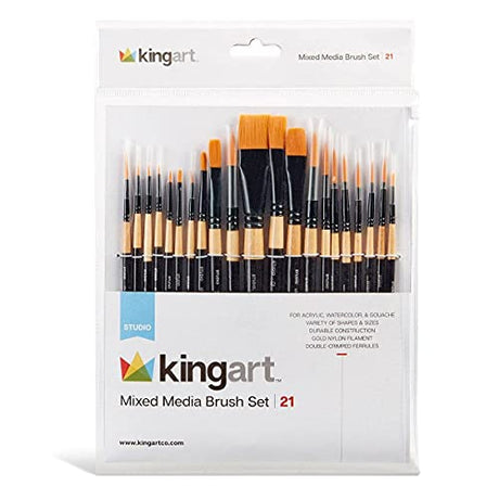 KINGART Studio Mixed Media Brush Set, Set of 21, Variety of Shapes &Sizes, Gold Nylon Filament, Black Gloss Lacquered Handle with Black Ferrule, KINGART