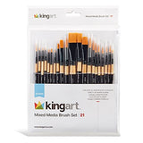 KINGART Studio Mixed Media Brush Set, Set of 21, Variety of Shapes &Sizes, Gold Nylon Filament, Black Gloss Lacquered Handle with Black Ferrule, KINGART