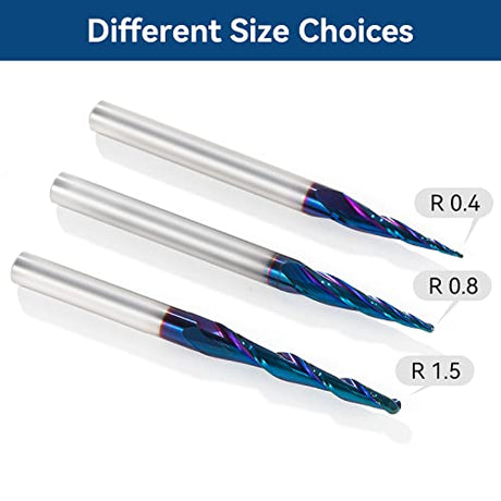 CNC Router Bits Spiral Tapered Ball-Mill 2D & 3D Carving Bits, 2.4 Deg Tapered Angle Ball Tip R1.5, 1/4"Shank 3"OVL for Wood Carving Engraving YOKISHUN