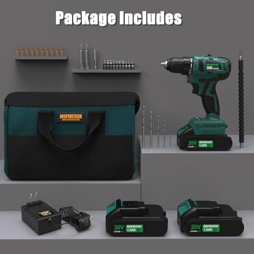 INSPIRITECH 20V Cordless Drill, Brushless Power Drill Set with 2 Batteries and Charger,3/8-Inch Chuck Electric Drill Driver,22 Torque INSPIRITECH