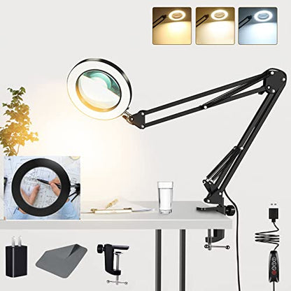 10X Magnifying Glass Lamp, Adjustable Swing Arm 72 LEDs Real Glass Lens Magnifier Light,3 Color Modes 10 Stepless Dimmable,Perfect for Daily - WoodArtSupply