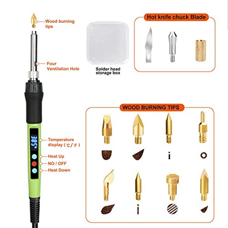 Wood Burning kit, 100W Professional WoodBurning Pen Tool, DIY Creative Tools with LED Display Adjust Temp Switch 180~500℃,Wood Burner for Foxgor