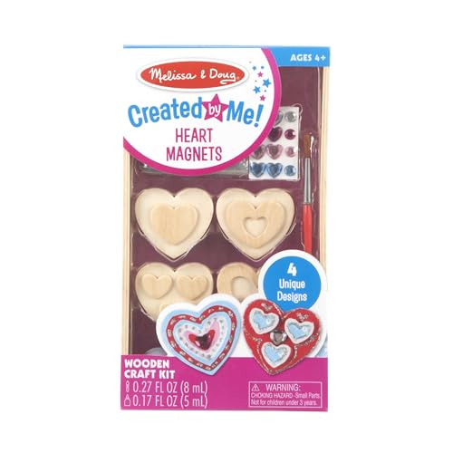 Melissa & Doug Created by Me! Wooden Heart Magnets Craft Kit (4 Designs, 4 Paints, Stickers, Glitter Glue) 8.75 x 5 - WoodArtSupply