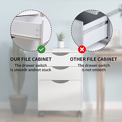 QDSSDECO 3 Drawer Mobile File Cabinet, Rolling Vertical Filing Cabinet fits A4, Legal Paper and Letter Paper for Home Office, White QDSSDECO