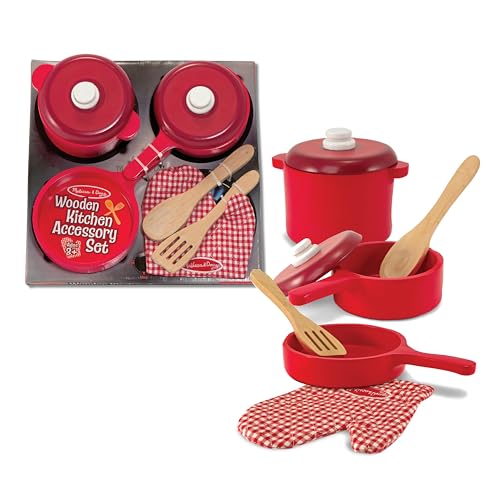 Melissa & Doug Deluxe Wooden Kitchen Accessory Set - Pots & Pans (8 pcs) , Green , H: 12 x W: 12 x D: 5 - WoodArtSupply