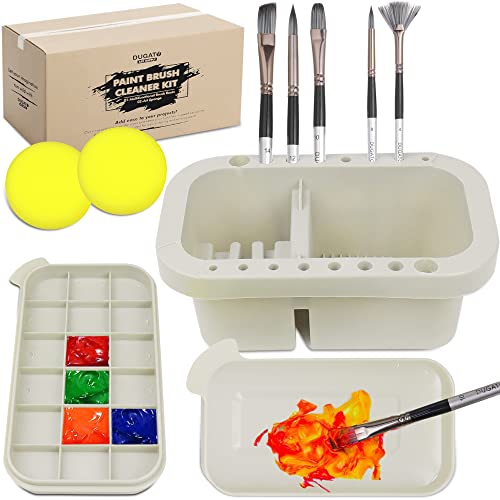 DUGATO Paint Brush Cleaner Washer, Multifunction Painting Brush Basin Holder and Organizer width Tray Palette Lid & 2 Art Sponges for Acrylic, DUGATO