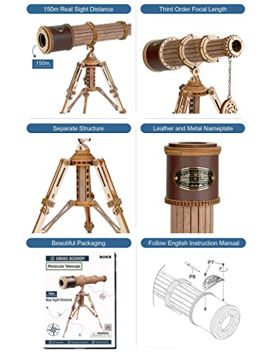 ROKR 3D Puzzles for Adults Wooden Telescope Building Model Kit with Tripod for Adults -3X Magnification Science Kit Gifts for Boy/Girls ROKR