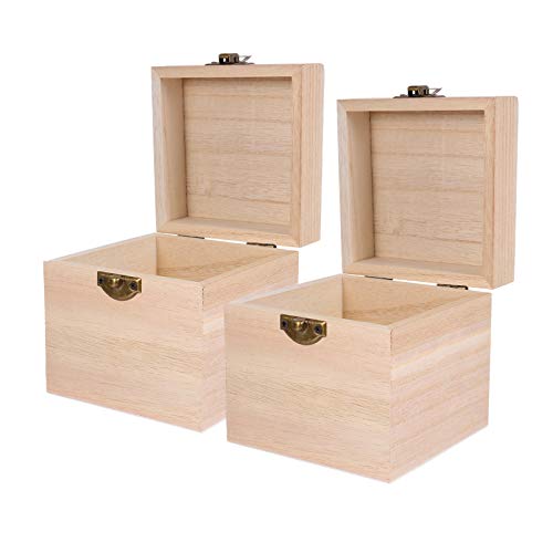 Cabilock Packing Boxes 2pcs Unfinished Square Wood Box DIY Craft Wooden Box Jewelry Ring Box Unpainted Storage Box with Hinged Lid Front Clasp for