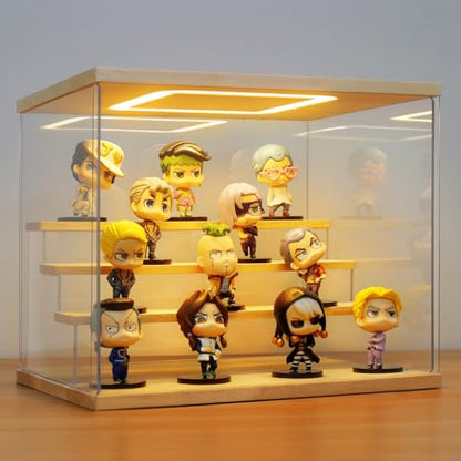 AZEYN Clear Acrylic Display Case with Light , 4 Tier Display Box Stand Assembly Dustproof Protection Showcase for Collectibles Action Figures Mini