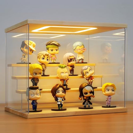 AZEYN Clear Acrylic Display Case with Light , 4 Tier Display Box Stand Assembly Dustproof Protection Showcase for Collectibles Action Figures Mini AZEYN