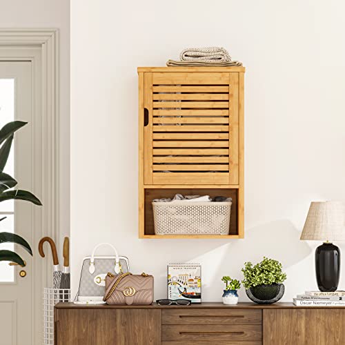 VIAGDO Bathroom Wall Cabinet, Wooden Medicine Cabinet with Single Door and Adjustable Inner Shelf, Bamboo Storage Cabinet Wall Mounted, Over The