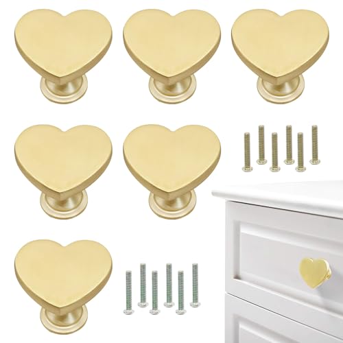 YYMSEN 6 Pcs Brass Drawer Knobs Drawer Pulls Handles Heart-Shaped Gold Cabinet knobs, Suitable for Bathroom Drawer Kitchen Door Pulls Handles YYMSEN