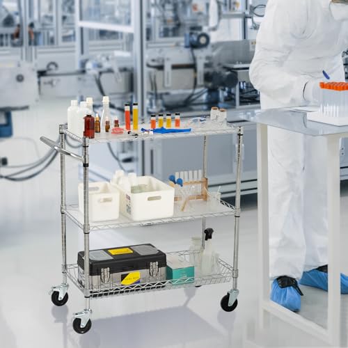 VEVOR Kitchen Utility Cart, 3 Tiers, Wire Rolling Cart with 661 LBS Capacity, Steel Service Cart on Wheels, Metal Storage Trolley with 80 mm Deep VEVOR