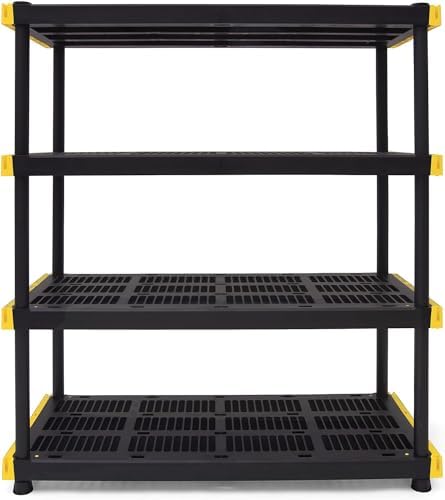 CX Black & Yellow®, 4-Tier Heavy Duty Plastic Storage Shelving Unit, 200lbs/shelf (55”H x 48”W x 20”D), for Indoor/Outdoor Organization, Modular Rack CX