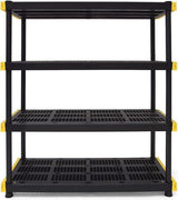 CX Black & Yellow®, 4-Tier Heavy Duty Plastic Storage Shelving Unit, 200lbs/shelf (55”H x 48”W x 20”D), for Indoor/Outdoor Organization, Modular Rack CX