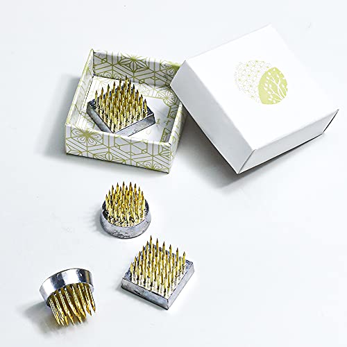 Wazakura 4PCS Mini Ikebana Kenzan Japanese Flower Holder, Made in Japan, Floral Arranging Pin Frog, Round Square - 1"(24mm) Brass Wazakura