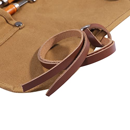 Heavy Duty Waxed Canvas Small Tool Bag Tool Pouch for Chisels, Hammers, Gouges Palm Tools (Khaki)