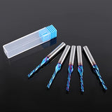 HQMaster 5 Pcs Spiral CNC Router Bits Set Down Cut 1/4” Shank Solid Carbide Spiral Downcut CNC Bits with Nano Blue Coating End Mill for Wood Cut HQMaster