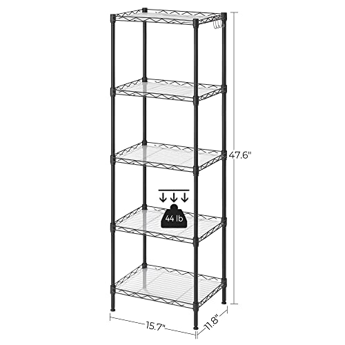 SONGMICS Kitchen Metal Shelves, 5-Tier Wire Shelving Unit with 8 Hooks, Narrow Storage Rack with PP Shelf Liners, Height-Adjustable, for Bathroom,