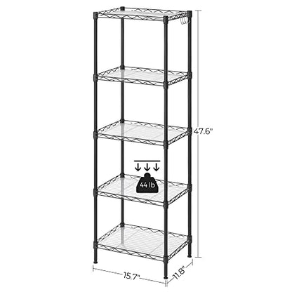 SONGMICS Kitchen Metal Shelves, 5-Tier Wire Shelving Unit with 8 Hooks, Narrow Storage Rack with PP Shelf Liners, Height-Adjustable, for Bathroom,