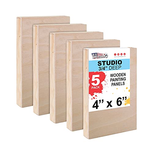 U.S. Art Supply 4" x 6" Birch Wood Paint Pouring Panel Boards, Studio 3/4" Deep Cradle (Pack of 5) - Artist Wooden Wall Canvases - Painting