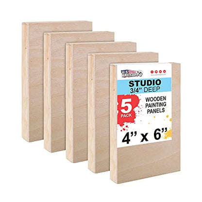 U.S. Art Supply 4" x 6" Birch Wood Paint Pouring Panel Boards, Studio 3/4" Deep Cradle (Pack of 5) - Artist Wooden Wall Canvases - Painting