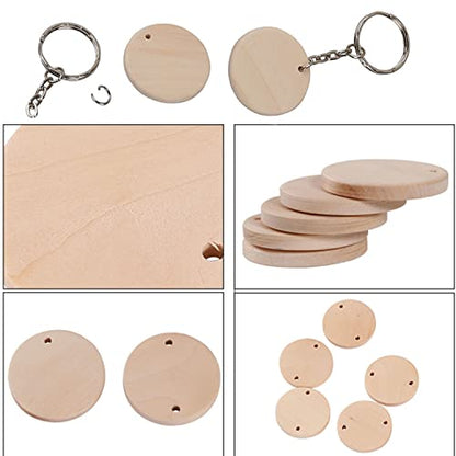 50Pcs Round Wood Circles with Keychain,Blank Round-Shaped Wooden Keychain Set with 50Pcs Wood Blanks,50 Pcs Keychain Rings with Chain,50Pcs Open Jump