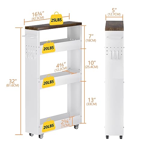CHLORYARD Slim Storage Cart, 4-Tier Kitchen Rolling Cart Narrow Storage Cabinet with Handle & Wood Top, Metal Rolling Shelf Unit for Kitchen Bathroom CHLORYARD