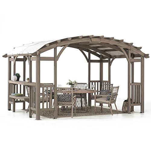 Sunjoy Arched Pergola 10 x 14 ft. Light Grey Outdoor Cedar Framed Wood Pergolas with Weather-Resistant Canopy for Patio, Garden, Backyard Activities - WoodArtSupply