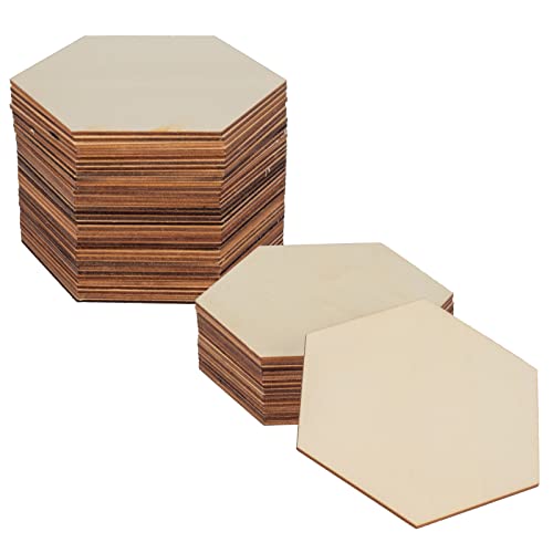 50PCS Unfinished Blank Wood Pieces, 4 Inch Natural Hexagon Wooden Slices Cutouts for DIY Crafts Pyrograph Painting Staining Burning Engraving Carving LepoHome