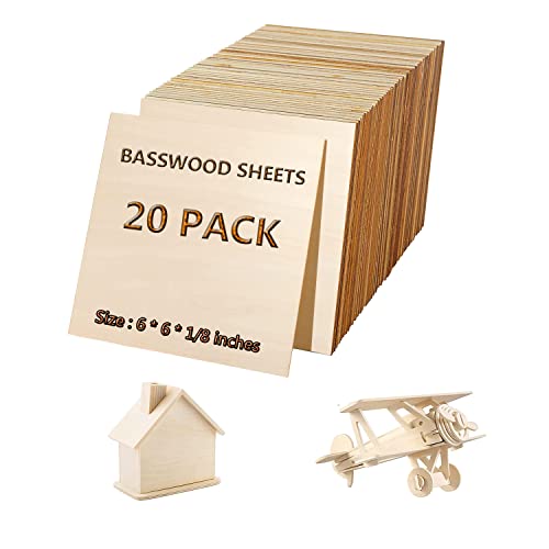 Basswood Sheets ，Unfinished Wood Pieces 20Pcs 6 x 6 x 1/8 Inch，Plywood Board for Crafts for DIY Projects, Drawing, Painting, Laser, Wood Burning,