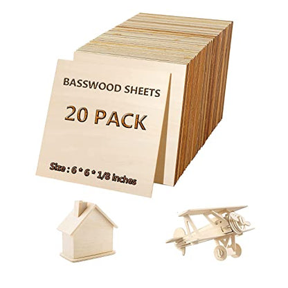 20 Pack Basswood Sheets, 12 x 12 x 1/16 inch Plywood, Thin Unfinished Wood Board for Crafts, Laser Cutting & Engraving, Wood Burning, CNC Cutting