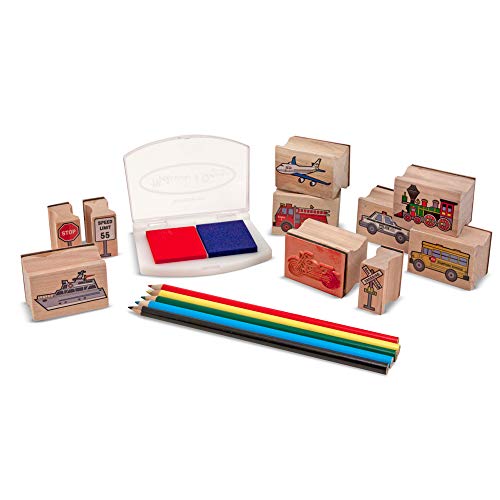 Melissa & Doug Wooden Stamp Set: Vehicles - 10 Stamps, 5 Colored Pencils, 2-Color Stamp Pad - WoodArtSupply