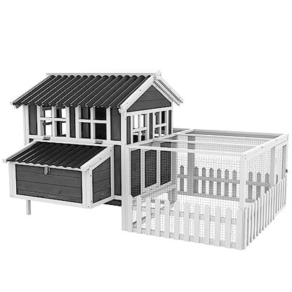 PawHut Wooden Chicken Coop with Run for 3-4 Chickens, Hen House with Nesting Box, Removable Tray, Fence, Outdoor Poultry Cage, 68" x 59" x 42", Gray - WoodArtSupply