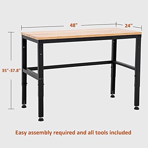 MCombo 48" Adjustable Workbench with Oak Wood Top, Overall Steel Frame Worktable for Garage, Workstation for Workshop and Home Improvement WD48 MCombo