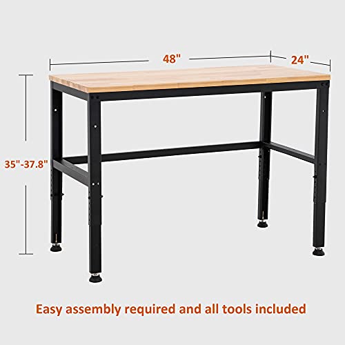 MCombo 48" Adjustable Workbench with Oak Wood Top, Overall Steel Frame Worktable for Garage, Workstation for Workshop and Home Improvement WD48 - WoodArtSupply