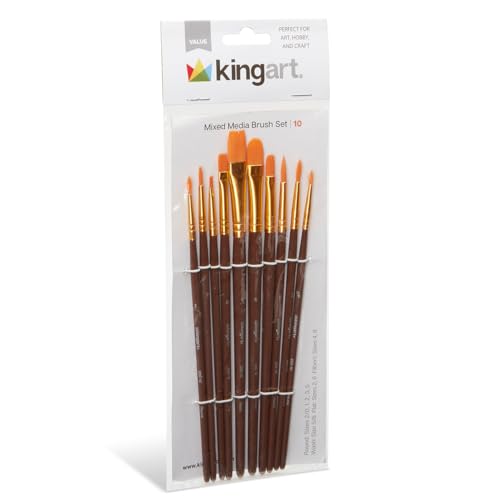 KINGART 250-10 Acrylic Art Paint Brush Set, 10 Round & Flat Brown Nylon Short Handle Brushes for Acrylic, Oil, and Watercolor, Rock Painting, Face KINGART