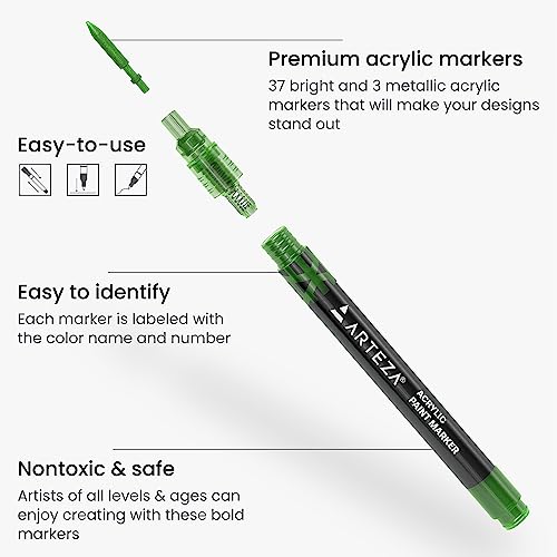 Arteza Acrylic Paint Markers, Set of 40 Acrylic Paint Pens in Assorted Colors, Art & Craft Supplies for Glass, Pottery, Ceramic, Rock, Canvas ARTEZA