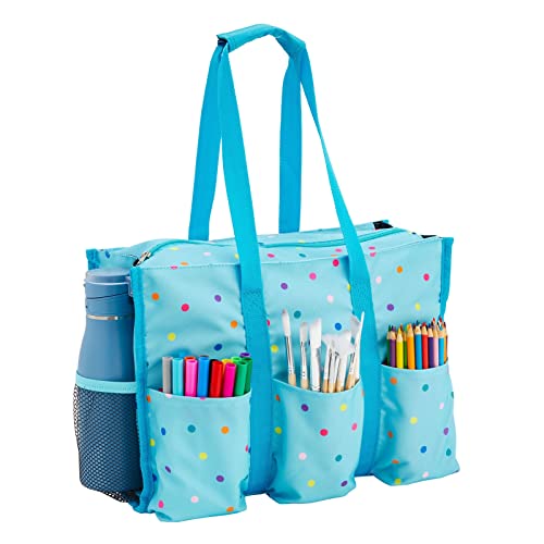 Juvale Large Utility Tote Bag with Pockets, Compartments, and Zip Top for Teachers, Nurses, Crafts, Travel Organization (Light Blue, 14.5 x 10.5 x 6 - WoodArtSupply