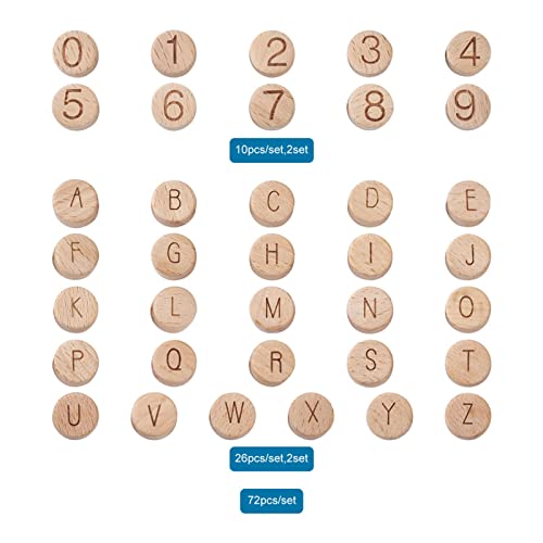 Pandahall 72pcs Beech Flat Round Wood Letter & Number Large Hole Beads 15x7-8mm Wooden Undyed Coin Loose European Beads with Alphabet Letter & 0-9 PH PandaHall