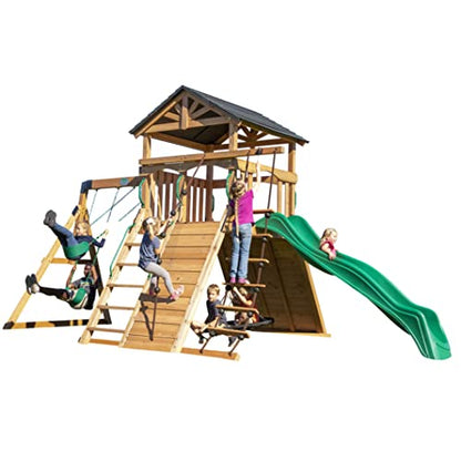 Backyard Discovery Endeavor All Cedar Wood Swing Set Playset for Backyard with Large Clubhouse Wave Slide Rope Ladder Rock Climbing Wall Wave Slide 2 - WoodArtSupply