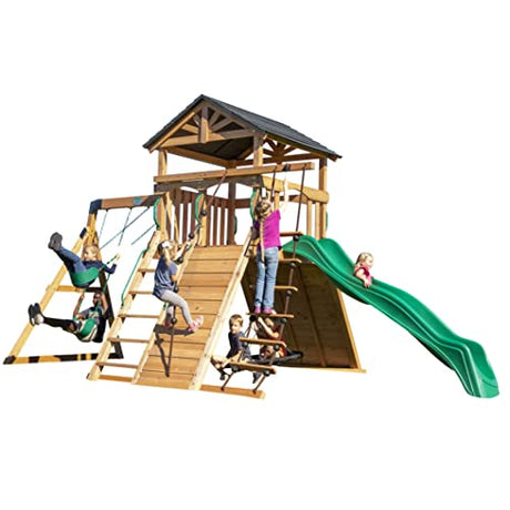 Backyard Discovery Endeavor All Cedar Wood Swing Set Playset for Backyard with Large Clubhouse Wave Slide Rope Ladder Rock Climbing Wall Wave Slide 2 Backyard Discovery