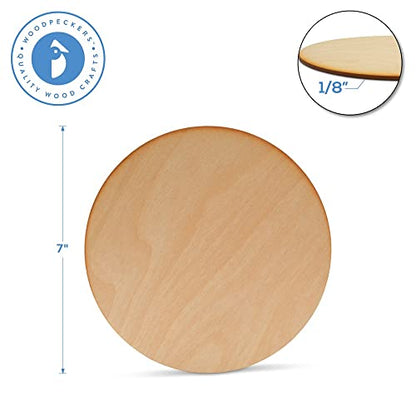 7-inch Wood Circle Disc, 1/8 inch Thick with Rustic Burnt Edges, Pack of 5 Unfinished Round Wooden Circles for Crafts, Birch Plywood, by Woodpeckers