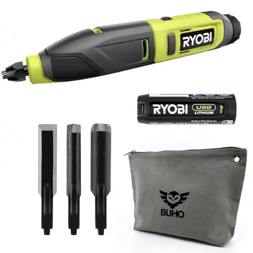 Power Carver Bundle with Ryobi Carver and Buho Tool Pouch, USB Lithium 2.0 Ah Battery and Charging Cable - Wood Carving Tool - Includes Straight - WoodArtSupply