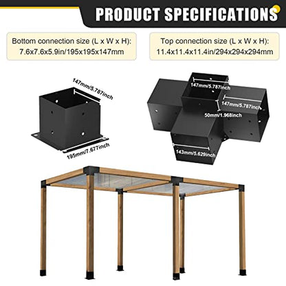 Kinchoix 6x6 Woodworks Pergola Brackets Kit, 4-Way Corner Extension Brackets, Black Powder Coated, 6x6 Metal Brackets for Wood Beams, Fence, Shed and - WoodArtSupply